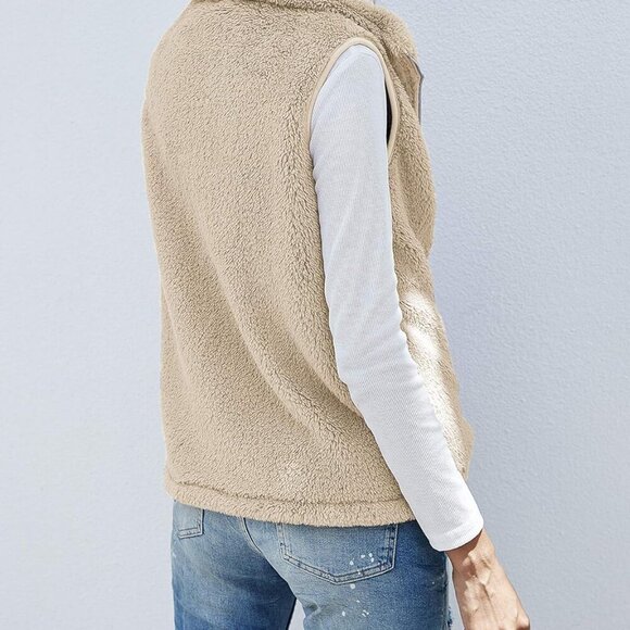 Womens Fuzzy Sherpa Fleece Jacket Lightweight Vest Cozy Sleeveless Cardigan Zipp - Picture 5 of 6